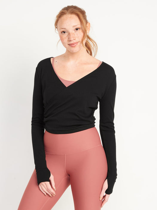 Reversible Long-Sleeve UltraLite Cropped Wrap-Effect Back Top for Women