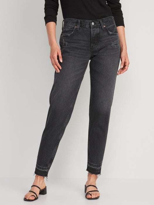 High-Waisted Button-Fly Slouchy Taper Black-Wash Cut-Off Non-Stretch Jeans for Women