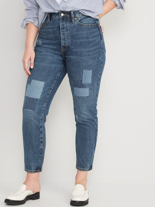 Higher High-Waisted Button-Fly OG Straight Patchwork Non-Stretch Jeans for Women