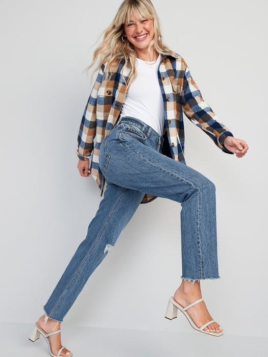 High-Waisted Button-Fly Slouchy Straight Ripped Jeans for Women