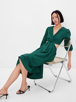 Puff Sleeve Cutout Midi Dress