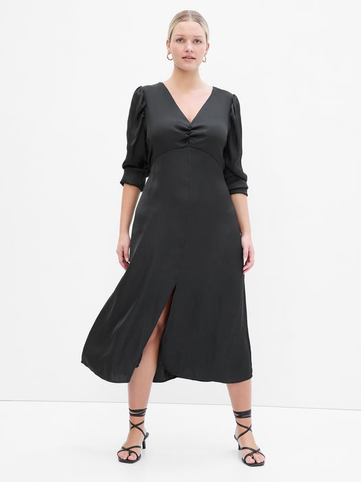 Puff Sleeve Satin Midi Dress