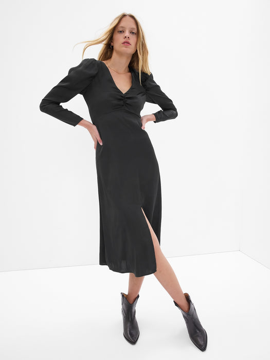 Puff Sleeve Satin Midi Dress