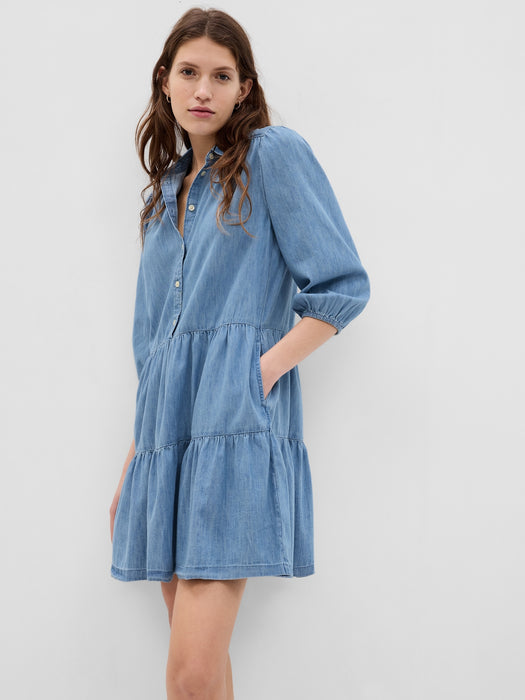 Puff Sleeve Denim Mini Shirtdress with Washwell