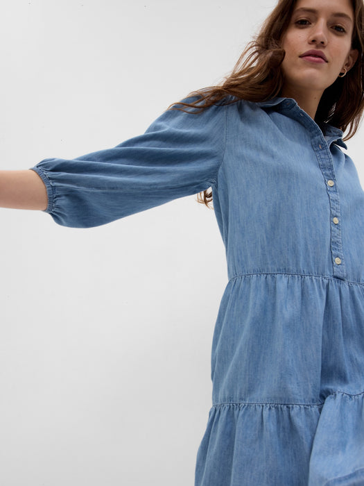 Puff Sleeve Denim Mini Shirtdress with Washwell