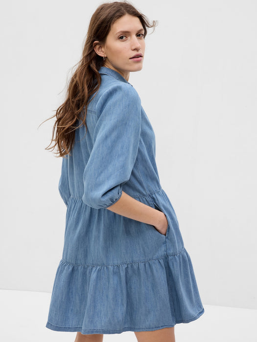 Puff Sleeve Denim Mini Shirtdress with Washwell