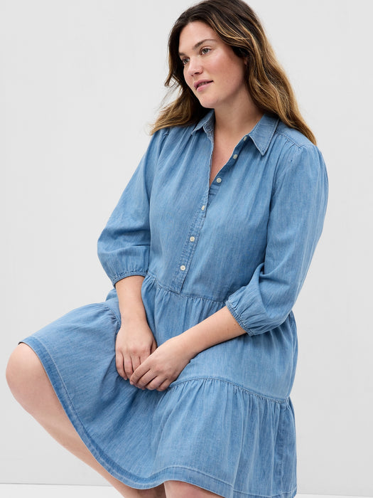 Puff Sleeve Denim Mini Shirtdress with Washwell