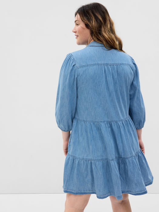 Puff Sleeve Denim Mini Shirtdress with Washwell