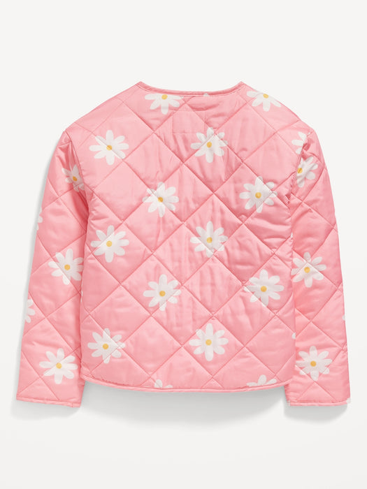 Collarless Quilted Printed Button-Front Jacket for Girls