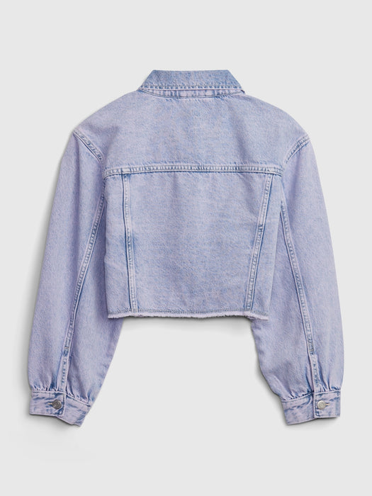 Kids Puff Sleeve Cropped Denim Jacket with Washwell