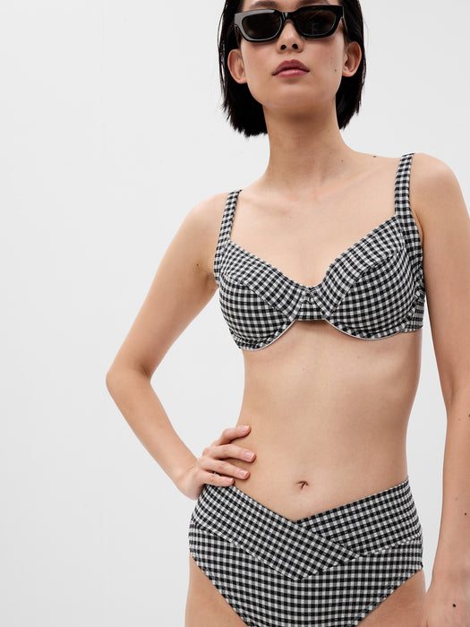 Textured Gingham Crossover Bikini Bottom