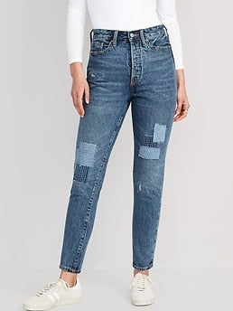 Higher High-Waisted Button-Fly OG Straight Patchwork Non-Stretch Jeans for Women