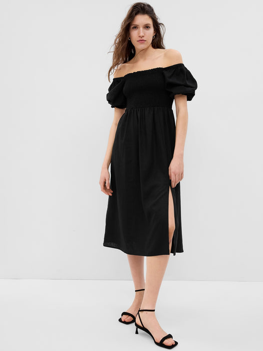 Linen-Blend Puff Sleeve Midi Dress