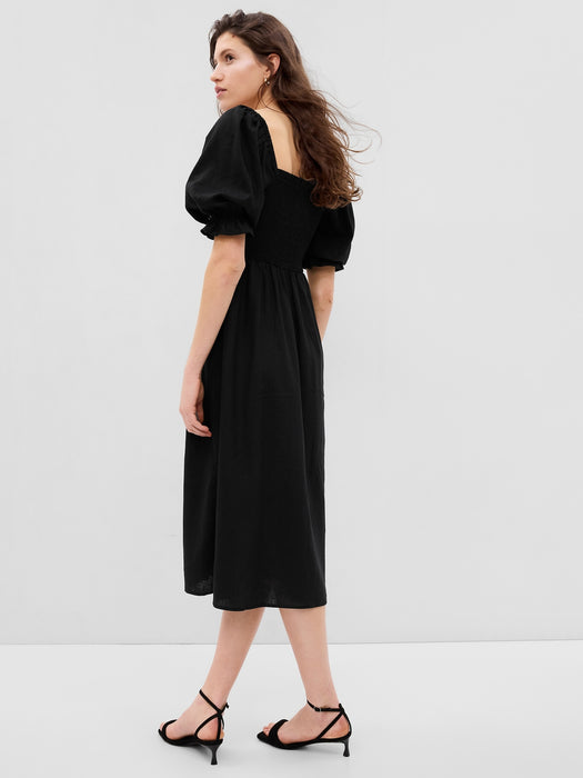 Linen-Blend Puff Sleeve Midi Dress