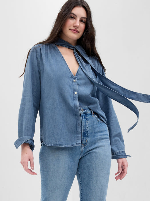 Denim Tie-Neck Shirt