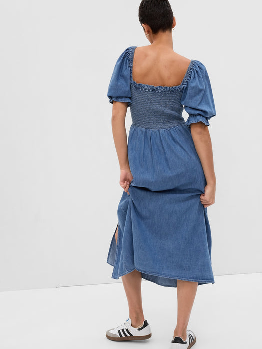 Puff Sleeve Denim Midi Dress with Washwell