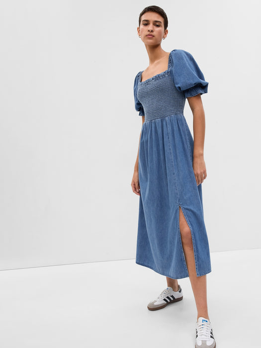 Puff Sleeve Denim Midi Dress with Washwell