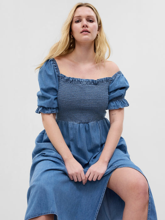 Puff Sleeve Denim Midi Dress with Washwell