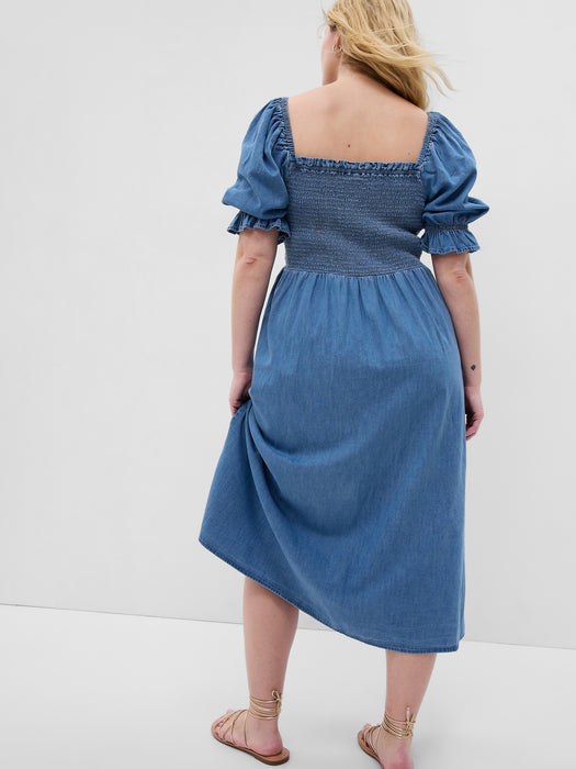 Puff Sleeve Denim Midi Dress with Washwell