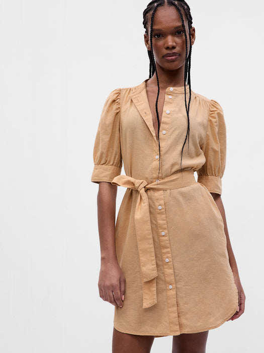 Puff Sleeve Linen-Cotton Shirtdress