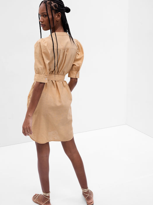 Puff Sleeve Linen-Cotton Shirtdress