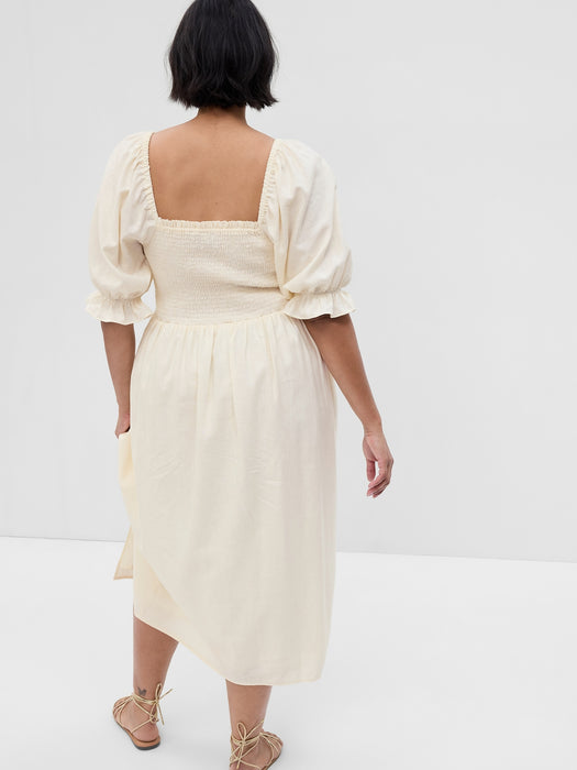 Linen-Blend Puff Sleeve Midi Dress