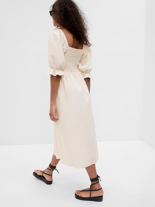 Linen-Blend Puff Sleeve Midi Dress