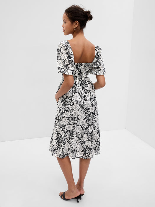 Puff Sleeve Metallic Floral Midi Dress