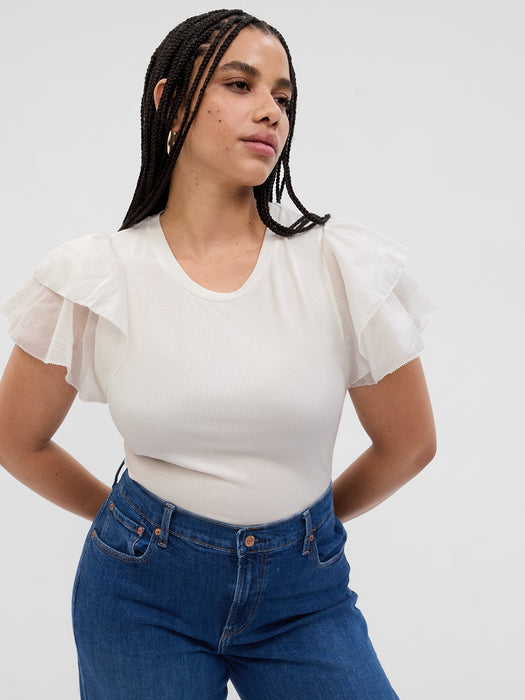 Mini Rib Ruffle Sleeve T-Shirt