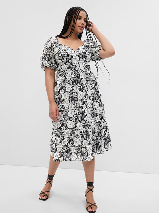 Puff Sleeve Metallic Floral Midi Dress