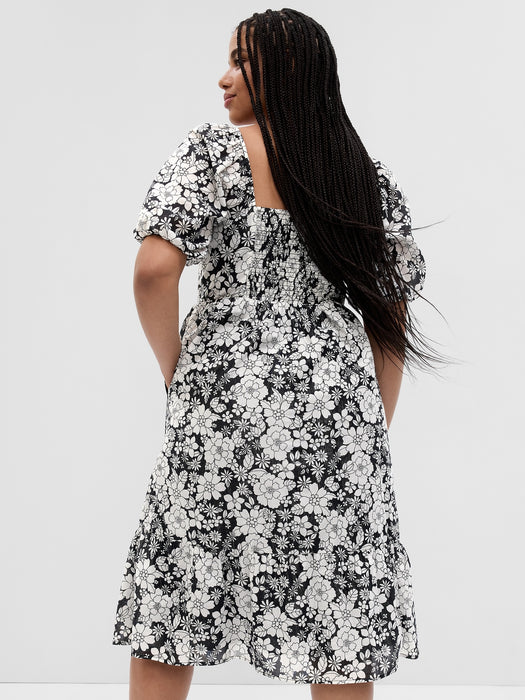 Puff Sleeve Metallic Floral Midi Dress