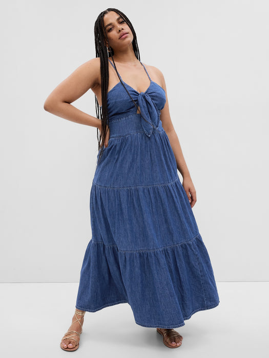 Tie-Front Tiered Denim Maxi Dress with Washwell