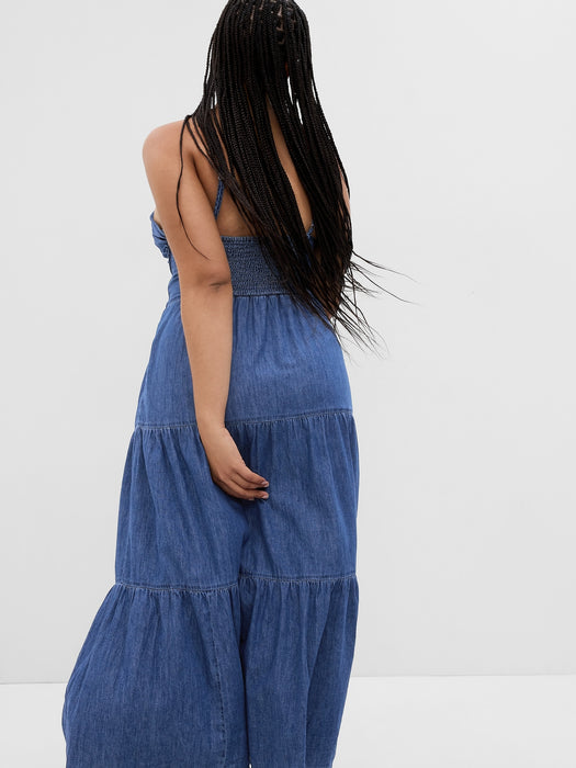 Tie-Front Tiered Denim Maxi Dress with Washwell