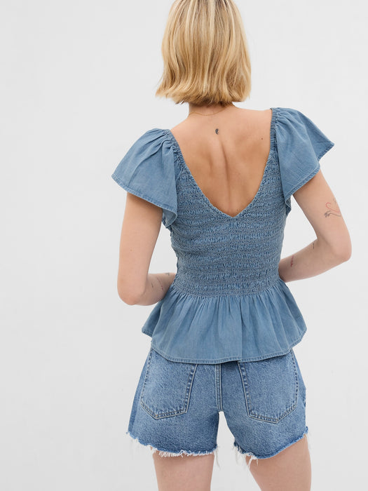 Ruffle Sleeve Denim Peplum Top with Washwell