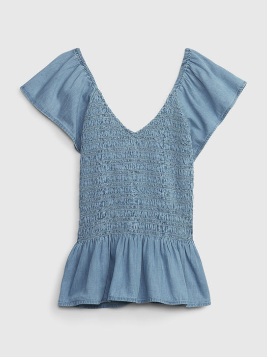 Ruffle Sleeve Denim Peplum Top with Washwell