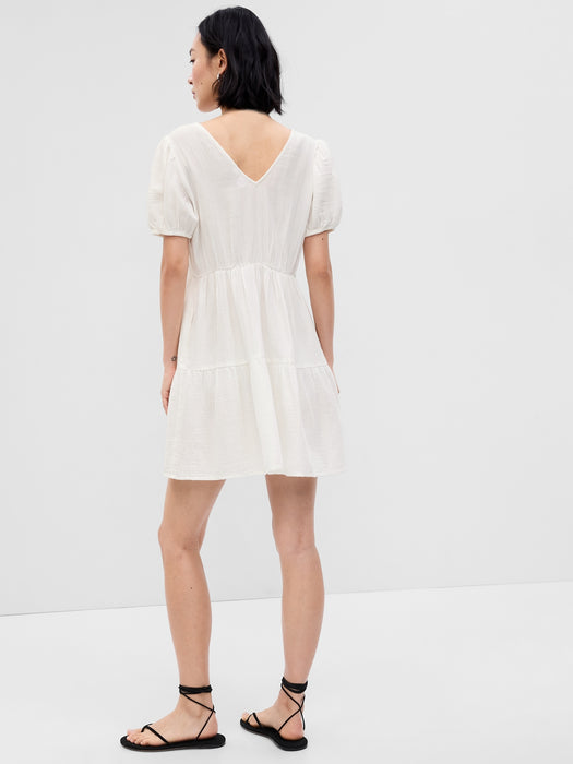 Crinkle Gauze Puff Sleeve Tiered Mini Dress