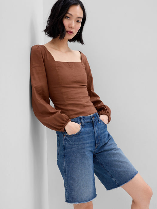 Linen-Blend Puff Sleeve Top