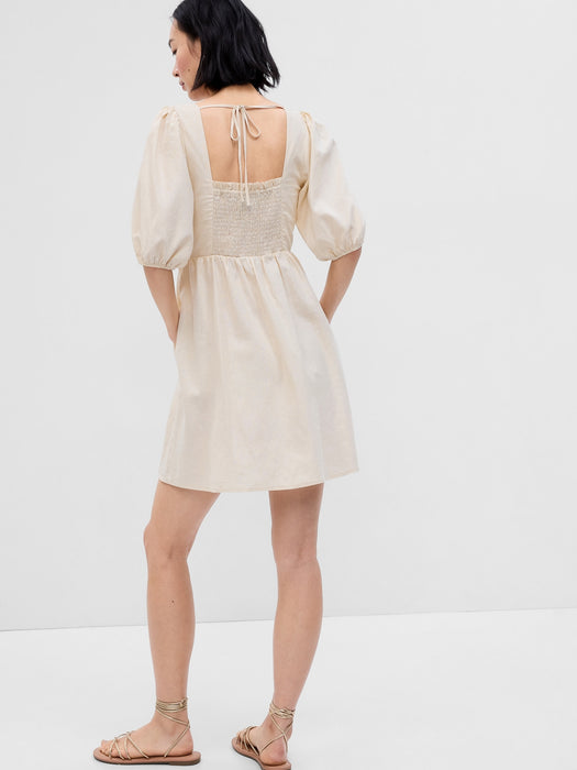 Linen-Blend Puff Sleeve Mini Dress