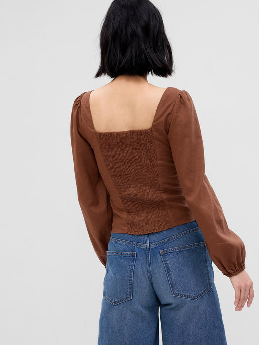 Linen-Blend Puff Sleeve Top