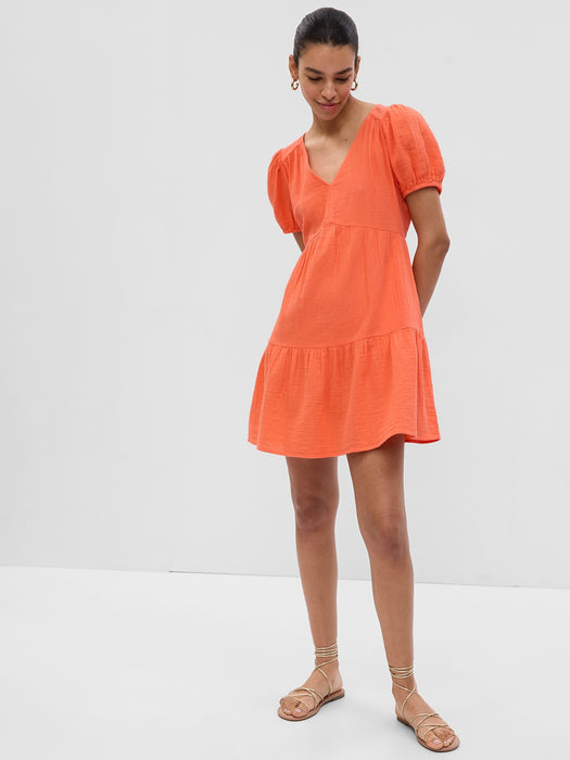 Crinkle Gauze Puff Sleeve Tiered Mini Dress