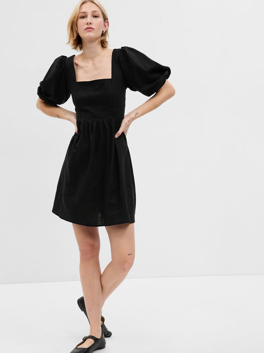 Linen-Blend Puff Sleeve Mini Dress