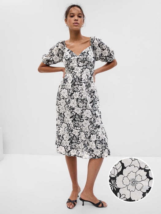 Puff Sleeve Metallic Floral Midi Dress