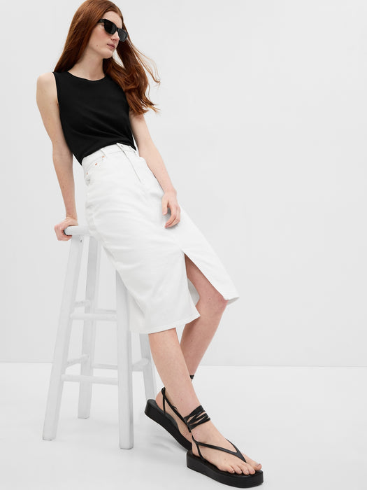 High Rise Pencil Denim Midi Skirt with Washwell