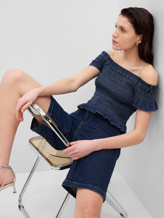 Cropped Ruffle Sleeve Denim Smocked Peplum Top with Washwell