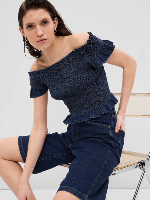 Cropped Ruffle Sleeve Denim Smocked Peplum Top with Washwell