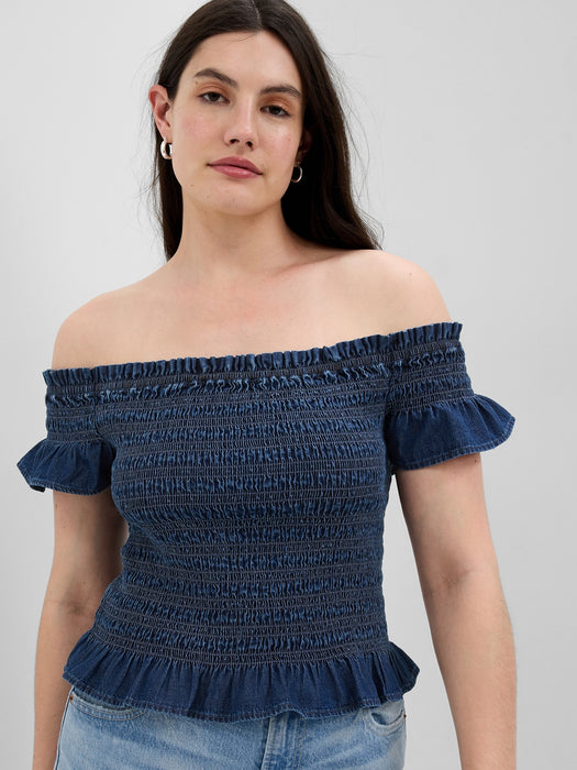 Cropped Ruffle Sleeve Denim Smocked Peplum Top with Washwell