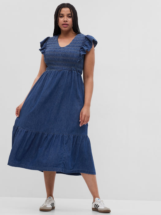 100% Organic Cotton Denim Ruffle Sleeve Smocked Midi Dress with Washwell