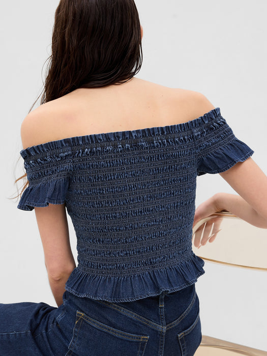 Cropped Ruffle Sleeve Denim Smocked Peplum Top with Washwell