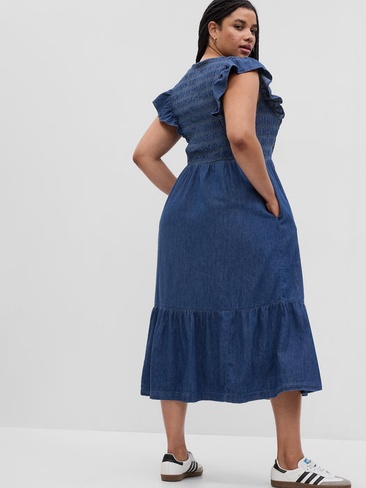 100% Organic Cotton Denim Ruffle Sleeve Smocked Midi Dress with Washwell