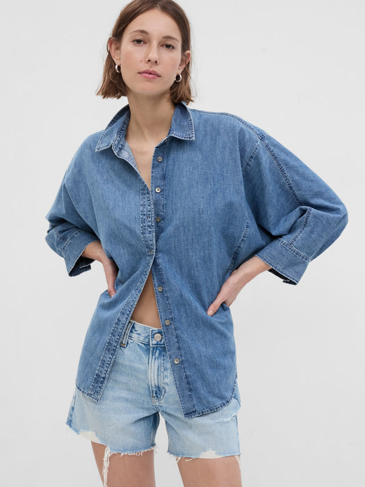 100% Organic Cotton Denim 3/4 Sleeve Big Shirt with Washwell